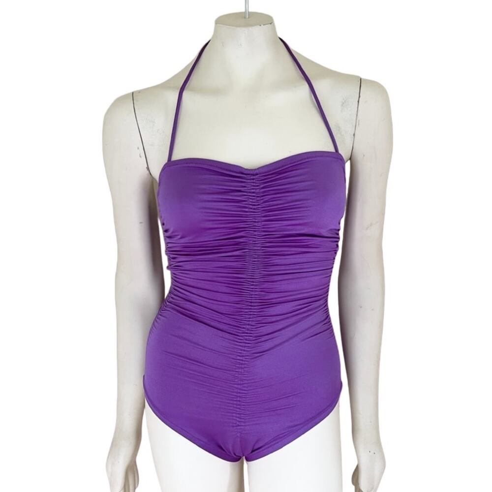 VTG 50s DE WEESE DESIGN Halter Tie Ruched One Piece Swimsuit in Purple  SZ 6